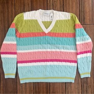 Vintage Liz Golf V Neck Cable Knit Sweater Pastel Striped Tennis Preppy Coastal